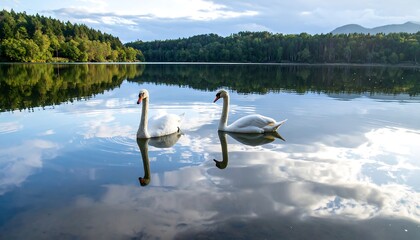 Two Swans Calm Lake Mirroring