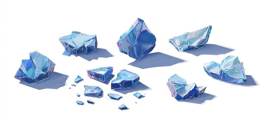 Naklejka premium Shattered ice crystals, various fragments of a broken substance, light blue, iridescent hues, with clear shadows