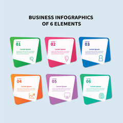 A grid-based infographic with six rounded, tilted square elements, each with a number, icon, and text.