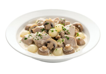 Creamy chicken and mushroom stew in a white plate, showcasing a rich, savory dish.
