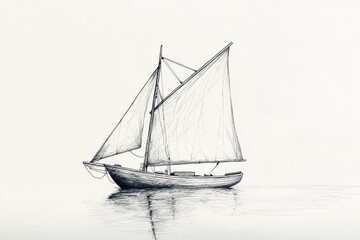 Fototapeta premium Minimalist line art sailboat with billowing sails on calm water, simple black thin outline drawing on white background, no shading