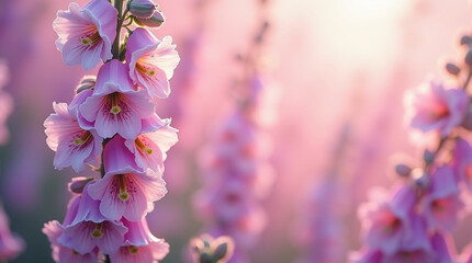 Pink flowers bloom vibrantly under the warm sunlight, showcasing their delicate petals and lush green leaves