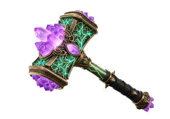 A detailed close-up of a magnificent ornate hammer, adorned with glowing purple crystals and vibrant green accents, set against a stark black background.