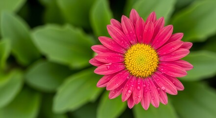 Obraz premium A vibrant pink flower, covered in water droplets, is centered against a blurred background of lush green foliage.