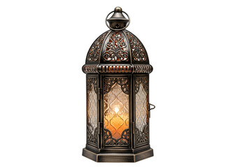 Ornate, antique-style lantern, with intricate carvings and frosted glass panels, casts a warm glow against a stark black background.