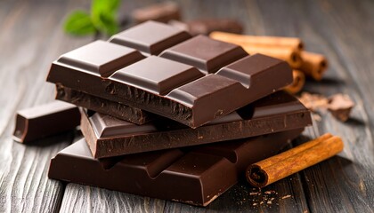 Dark chocolate stacked on a wooden surface