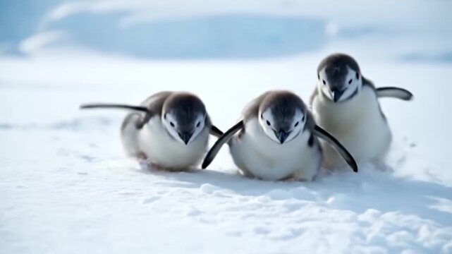 Three penguin chicks walking together across snowy Antarctic ground, symbolizing community, resilience, and the innocence of wildlife in polar habitats