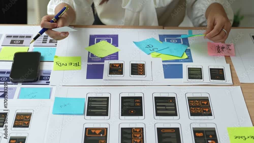 Poster ux designer arranging sticky notes on mobile app wireframes