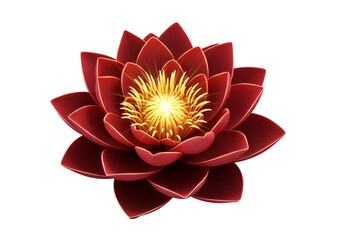 A radiant, crimson lotus flower blossoms against a deep black backdrop, showcasing intricate details and a vibrant golden center.
