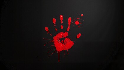 Bloody handprint on black wall with splatters and drips. A eerie image perfect for Halloween and mysterious themes.