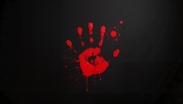 Bloody handprint on black wall with splatters and drips. A eerie image perfect for Halloween and mysterious themes.
