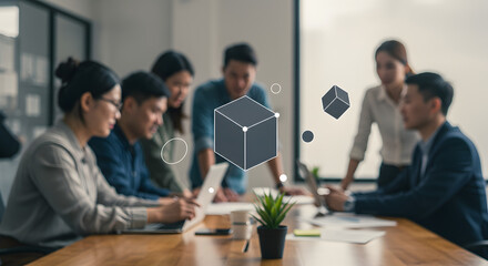 Modern business meeting with diverse professionals discussing strategies and collaboration in a contemporary office environment with innovative technology and teamwork concepts