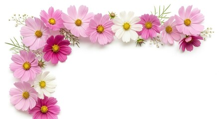 Obraz premium Delicate cosmos flowers in shades of pink and white form a graceful arch against a pristine white background.