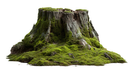 Realistic wooden tree stump mockup with soft moss covering, natural textures on transparent png background. Ai generated