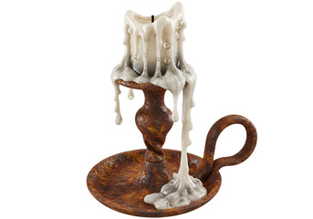 A detailed image of a rusty candleholder with melting candle wax, showcasing intricate details and dramatic lighting against a black backdrop.