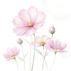 Fototapeta premium Watercolor Pink Cosmos Flowers and Buds with Green Stems on White Keywords: cosmos flowers, pink cosmos, watercolor flowers, floral, botanical
