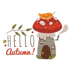 Hello autumn poster with mushroom. Vector fall or seasonal greeting or invitation placard. Rustic card with fungi or red shroom. Forest or wood nature symbol. September badge with fungus. Thanksgiving