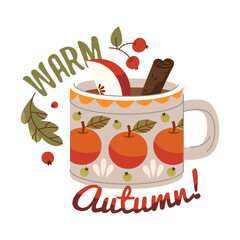Mulled wine cup with fruit as autumn invitation card. Vector hot alcohol beverage with apple and leaves for warm fall poster. Seasonal drink for thanksgiving and outdoor October, September celebration