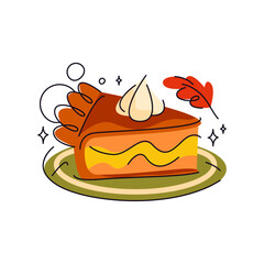 Pumpkin pie slice with cream. Vector dessert piece for thanksgiving or Halloween celebration. Sweet or treat for autumn harvest festive or fall holiday. Sliced homemade food. Pastry, bakery nutrition.