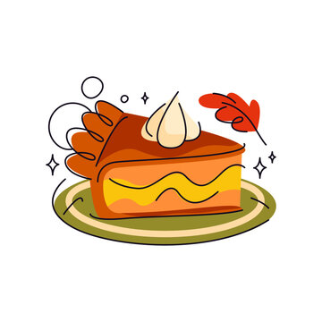 Pumpkin pie slice with cream. Vector dessert piece for thanksgiving or Halloween celebration. Sweet or treat for autumn harvest festive or fall holiday. Sliced homemade food. Pastry, bakery nutrition.
