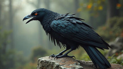 Fototapeta premium Dark bird perches on rock, red eye piercing forest mist. 