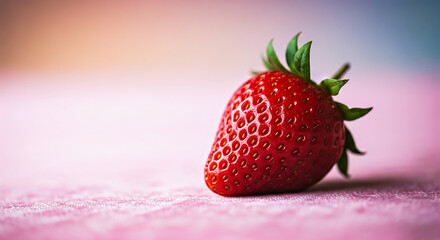 A fresh strawberry rests atop a pink cake, adding a vibrant touch to the dessert's presentation