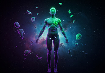 Fototapeta premium Digital Human Figure with Glowing AI Elements in Cosmic Space