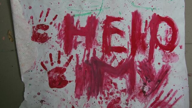 Bloody scary inscription - Save me, and prints of children's hands on paper. Horror, mysticism, kidnapping of children