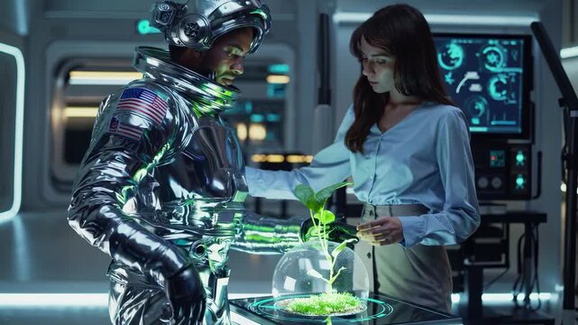 An astronaut and woman standing in front of a computer. Astronauts and scientists experiment on a futuristic plant. Space technology and innovation in the laboratory. A woman and an lifestyle.