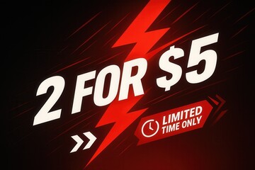 Promotional banner displaying "2 FOR $5" with a "LIMITED TIME ONLY" offer, dynamic lightning style, enticing retail discount promo.