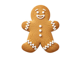 A delicious gingerbread man cookie, decorated with whimsical white icing, stands out against a simple black background.