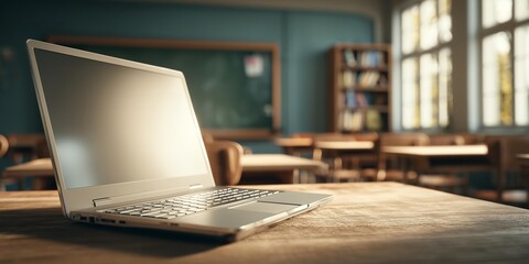 A laptop is open on a wooden desk in a classroom.