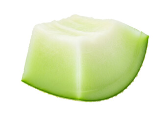 A vibrant, fresh cube of cantaloupe, displaying a smooth, light green exterior and a creamy interior, is presented against a stark black background.