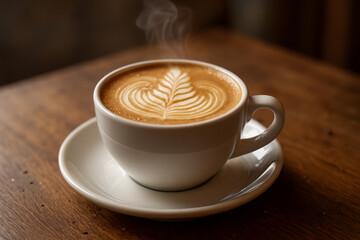 Fototapeta premium Frisch gebrühter Cappuccino mit Latte Art auf Holztisch