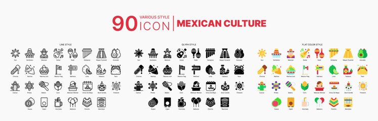 Mexican Culture Icons Bundle in Various Style Suitable for Web, Apps, Presentation, or Printable Meanings