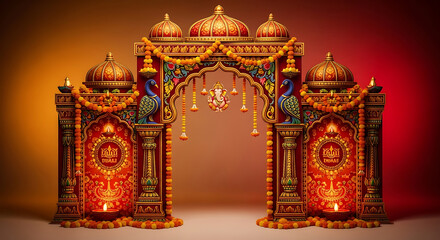 Fototapeta premium Ornate Diwali Archway with Ganesha and Peacock Decorations