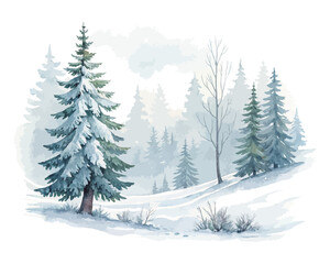 Fototapeta premium Watercolor snowy forest with pine trees vector illustration isolated on white background