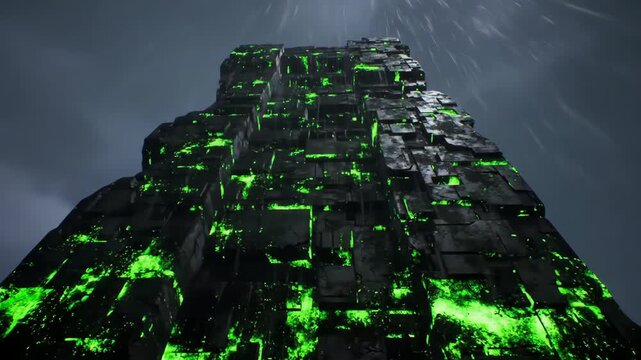 Futuristic monolithic stone structure with green glow against cloudy sky, technology concept.