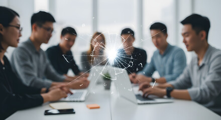 Professional business meeting with diverse team collaborating in modern office environment discussing strategies ideas and solutions for success