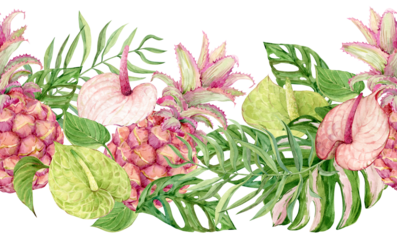 Watercolor pattern with green anthurium, pink pineapple and monstera. Horizontal frame with exotic tropical forest and jungle plants. Illustration for jungle wedding invitations.