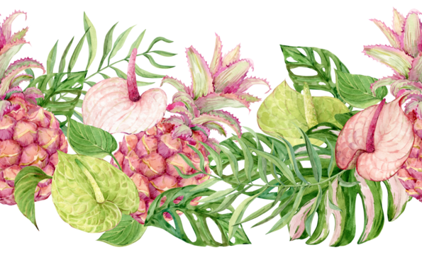 Watercolor pattern with green anthurium, pink pineapple and monstera. Horizontal frame with exotic tropical forest and jungle plants. Illustration for jungle wedding invitations.