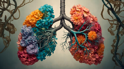 Floral lungs made of colorful flowers and leaves on a neutral background, symbolizing health, nature, and breathing in an artistic medical-botanical concept.