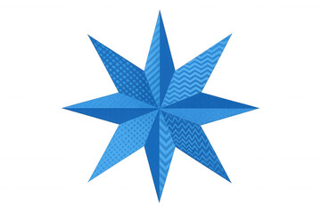 Obraz premium Eight-pointed blue star featuring diverse geometric patterns on each segment, placed on a transparent background, ideal for design projects