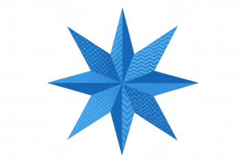 Eight-pointed blue star featuring diverse geometric patterns on each segment, placed on a transparent background, ideal for design projects