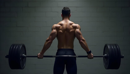 Back view of a man lifting a barbell in a gym.
