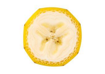 A close-up, detailed view of a perfectly circular cross-section of a ripe banana, showcasing the intricate honeycomb-like texture of the peel and the creamy yellow flesh, against a stark black...