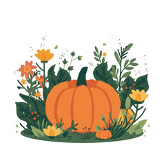 A whimsical flat design illustration of a garden scene featuring a prominent pumpkin as the central element, surrounded by lush green leaves and vibrant orange and yellow flowers with png Transparent 