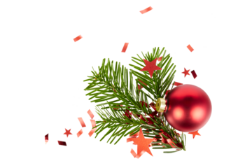 christmas tree branch with red ball, christmas decoration with glitter and stars isolated on white or transparent png