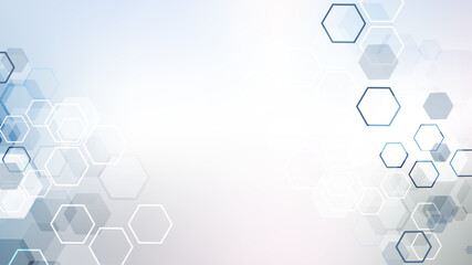 Health care or medical abstract background with hexagons, lines and dots. Scientific innovation banner template concept. Biology and pharmaceutical technology background. Vector illustration.