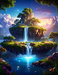 fantasy floating island with waterfall, mountains and cliff, blue sky with white clouds